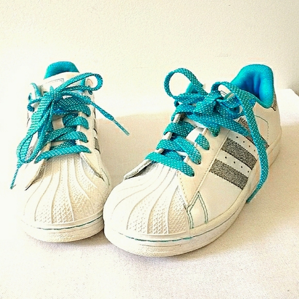 Adidas White and Teal Runners Size 1.5